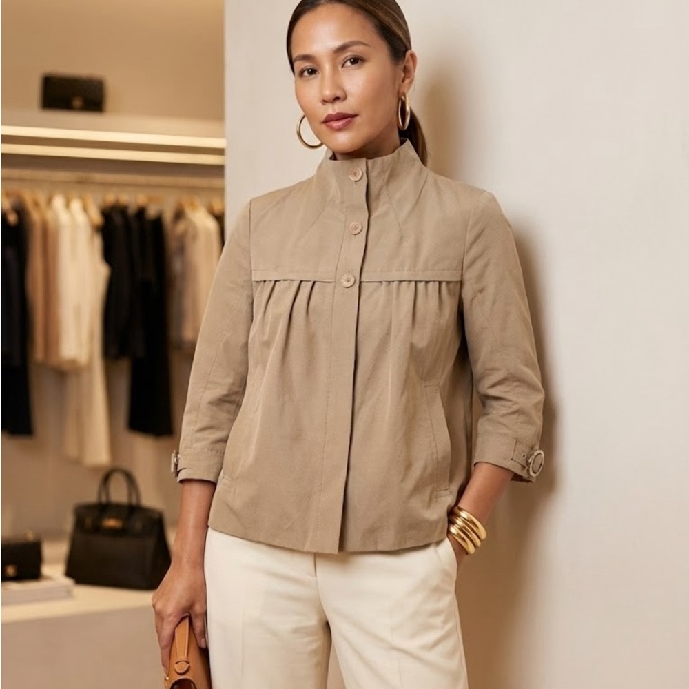 Boss Hugo Boss Tan Perforated Pleated Jacket | Size 6